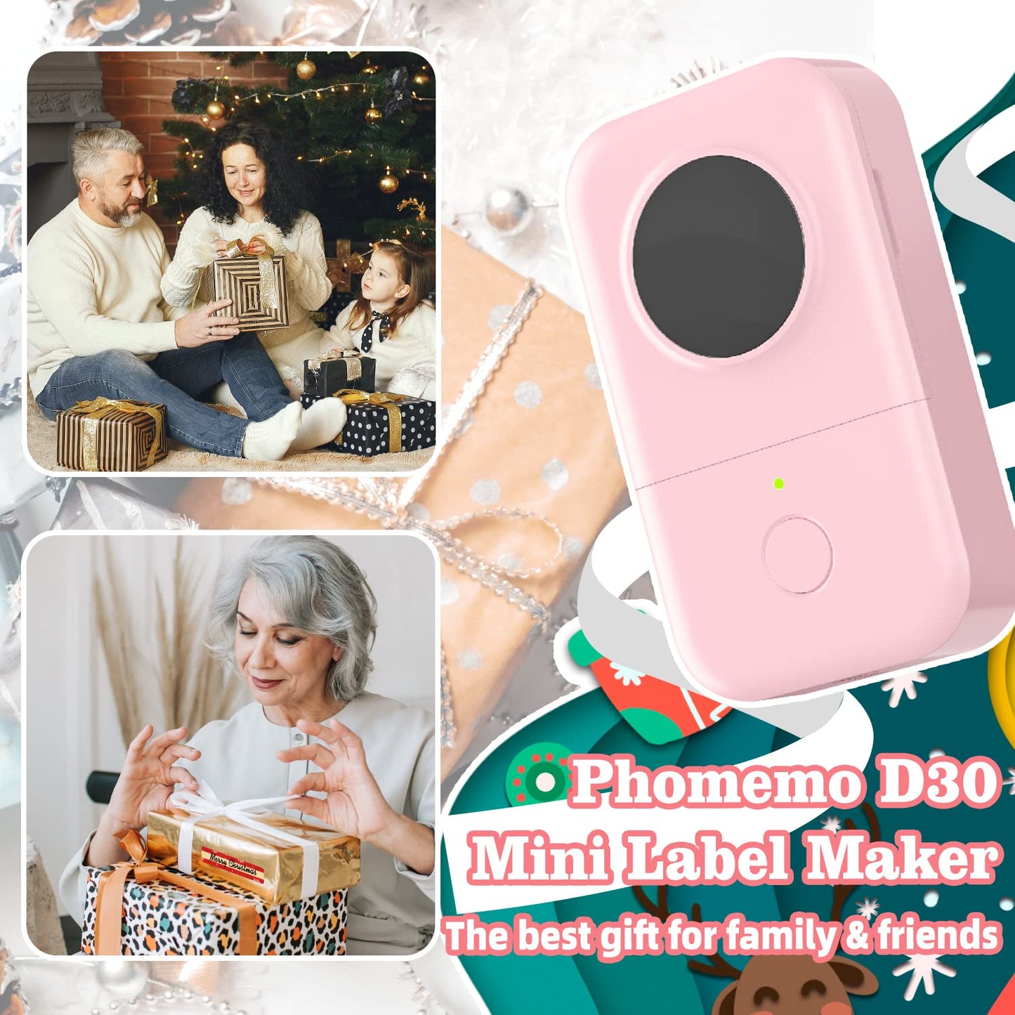 Phomemo D30 Label Maker Bluetooth Label Printer With 5 Rolls of Label Paper, Wireless Thermal Label maker For Home, Office, School, For Android & IOS Smart Devices - Pink