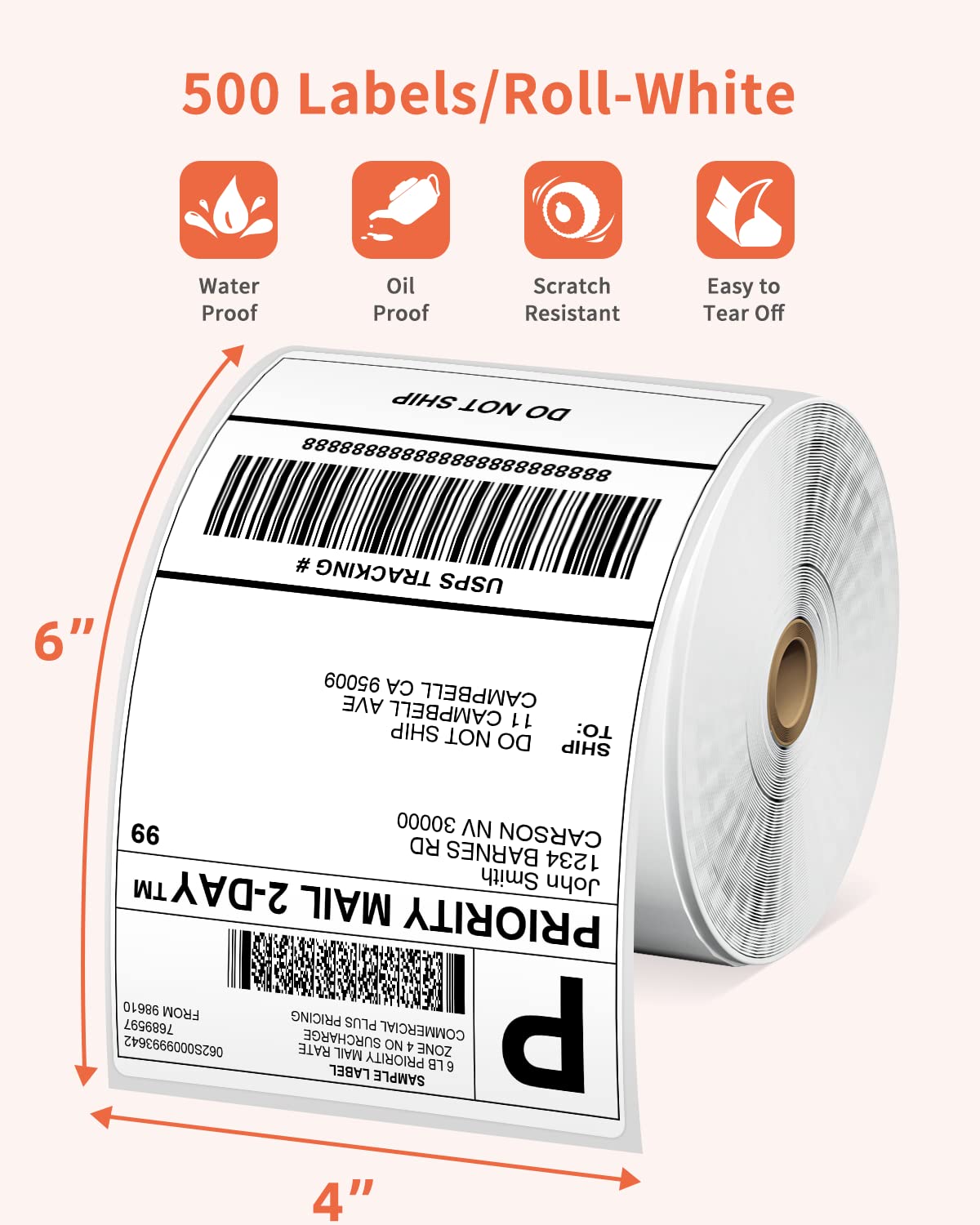 Phomemo 4x6 Label Stickers Roll for Thermal Label Printer - 500pcs White Shipping Labels/Roll, Commercial Grade Thermal Shipping Label for Small Business Supplies - Water/Oilproof 4x6 Mailing Labels