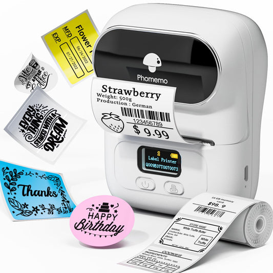Phomemo -M110 Label Printer Portable Mini Bluetooth Thermal Label Manufacturer for Labelling, Office, Cable, Retail, Barcode and More, Compatible with Android and iOS Systems - White