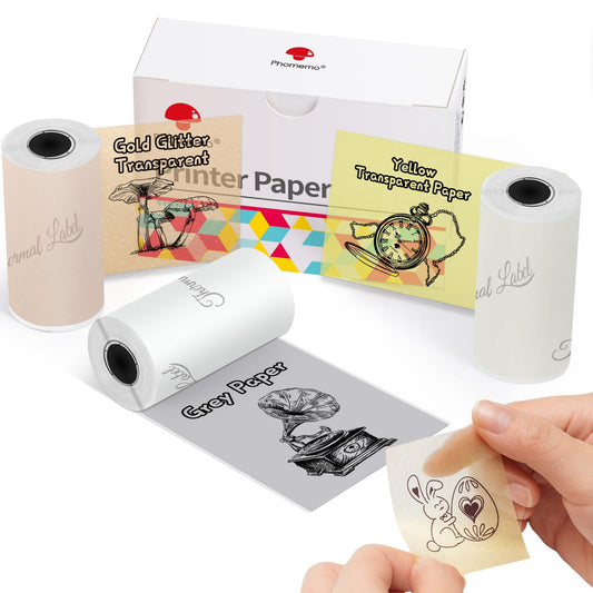 Phomemo Papier für Phomemo T02,M02,M02S,M02PRO,M03,M03AS,M04S,M04AS Minidrucker, Metallgrau Durchscheinend/Gelb Transparent/Gold Glitter Transparentes Papier, 53mm x 3,5mm, 3 Rollen