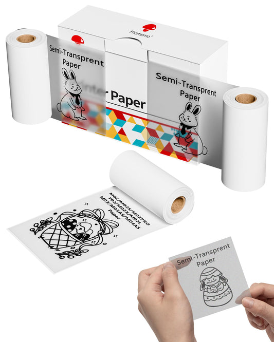 Phomemo Semi-Transparent Paper for T02 M02 M02X M02S M02PRO M02L Mini Sticker Printer, Compatible with M03 M03AS M04S M04AS M832 M833 Portable Thermal Printer, 53mm x 2.5m, 3 Rolls