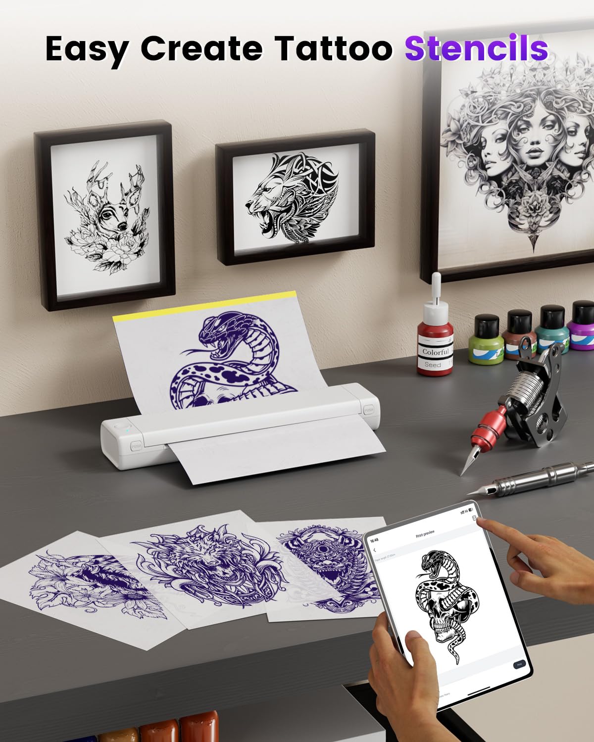 Phomemo White Tattoo Stencil Printer, M08F Bluetooth Stencil Printer for Tattooing, Tattoo Transfer Printer Kit with 10PCS Transfer Paper, Wireless Tattoo Machine for Tattoo Artists & Beginners