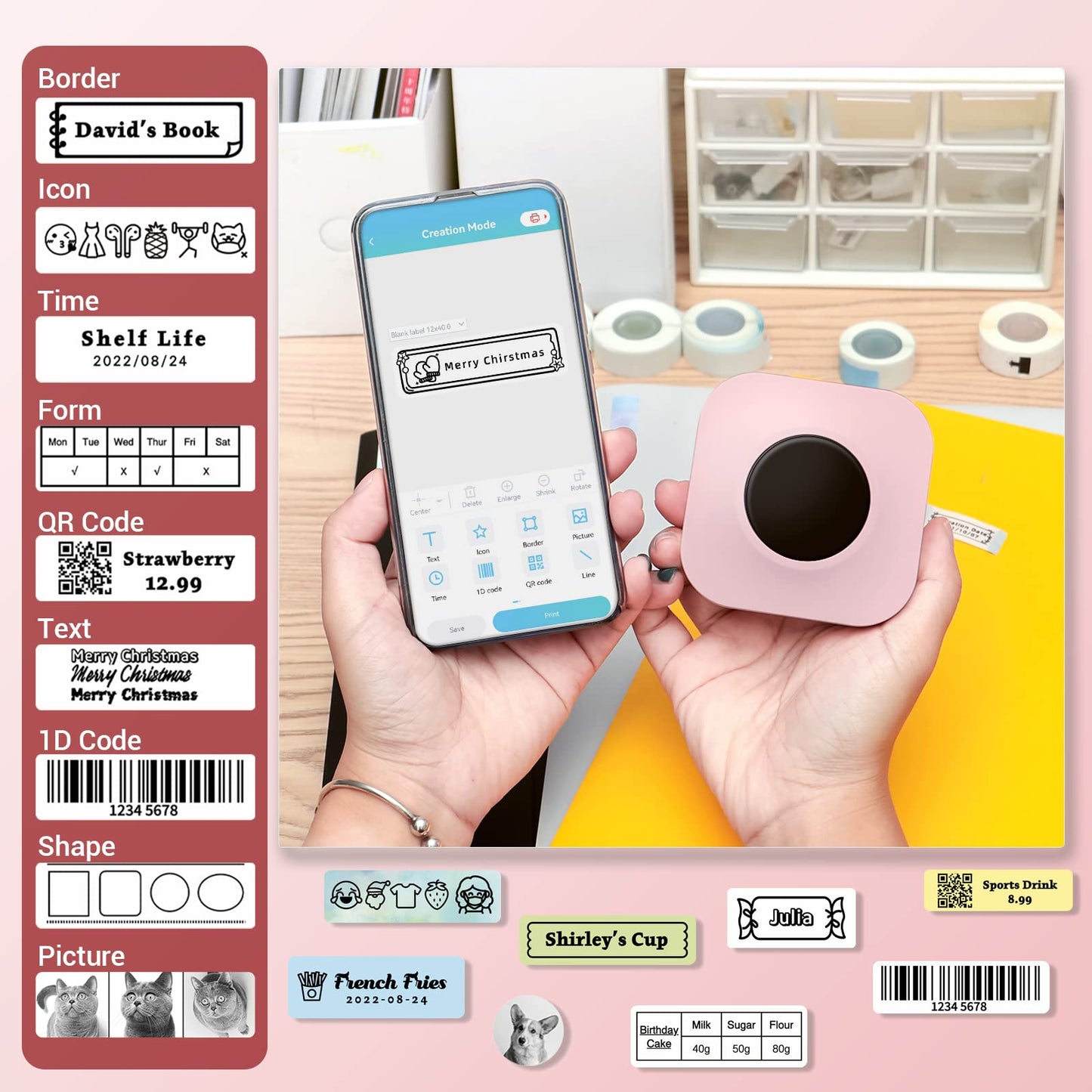 Phomemo Q30S Bluetooth Label Maker Machine with tape,Mini Thermal Wireless Label Printer Handheld for iOS & Android, Portable Sticker labeling Machine for Home,OfficeSchool-With 1 Roll Label (Pink)