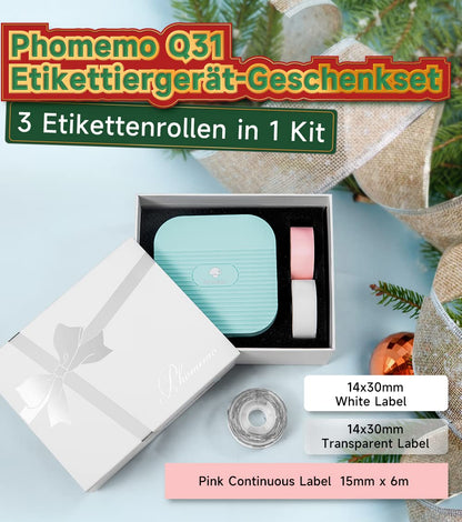 Phomemo Set regalo stampante di etichette Bluetooth Q31, mini etichettatrice per iOS e Android, etichettatrice autoadesiva per casa e ufficio con 3 rotoli di etichette (verde)