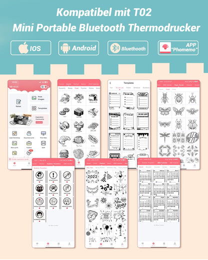 Papier für Sticker Drucker, Drucker Papier für Taschendrucker, Thermopapier für T02, Langlebig Klebrig Phomemo Papier, Schwarz auf Transparent Liene Fotodrucker Papier, 3 Rollen 50mm*3.5m