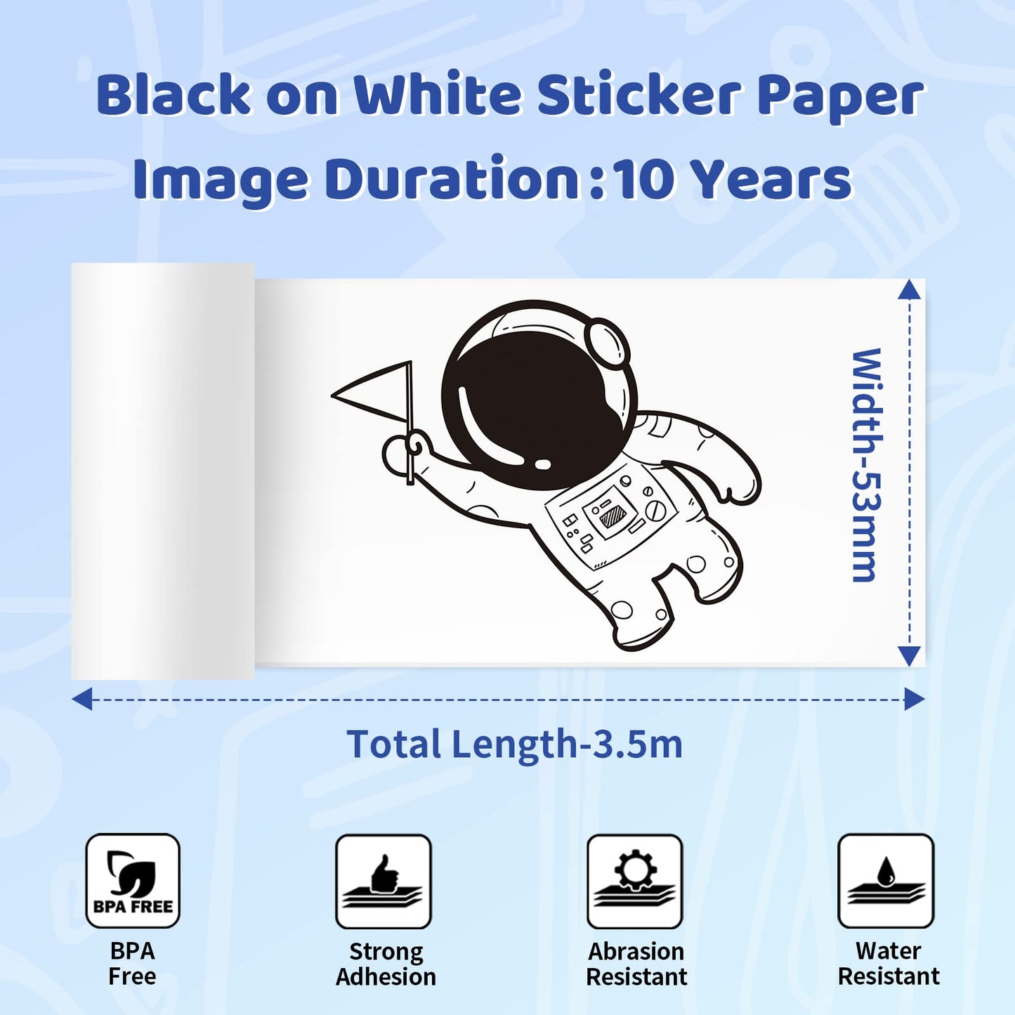 Phomemo White Sticker Paper- for M02X/T02 Printer 10 Years Black on White Sticky Paper 50mm x3.5m, 3 Rolls