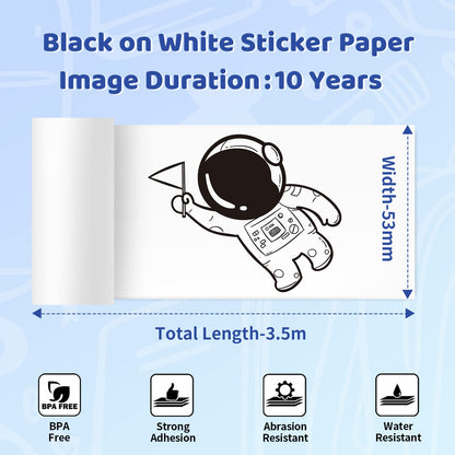 Phomemo White Sticker Paper- for M02X/T02 Printer 10 Years Black on White Sticky Paper 50mm x3.5m, 3 Rolls