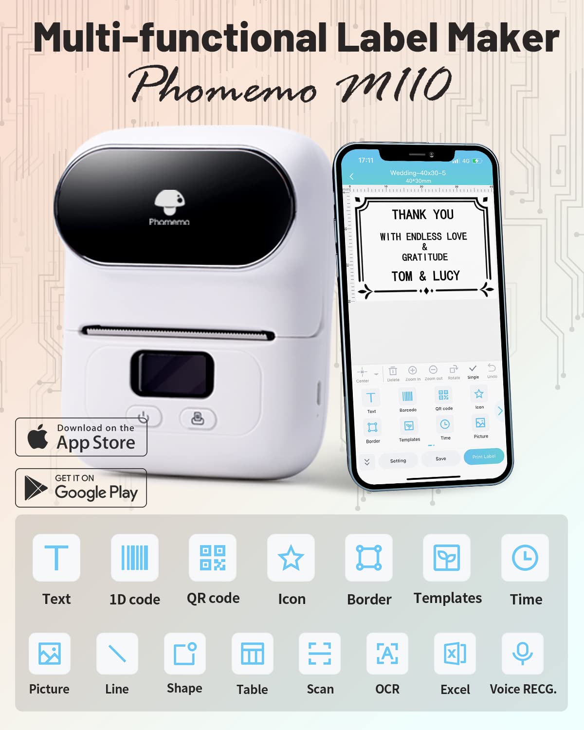 Phomemo -M110 Label Printer Portable Mini Bluetooth Thermal Label Manufacturer for Labelling, Office, Cable, Retail, Barcode and More, Compatible with Android and iOS Systems - White