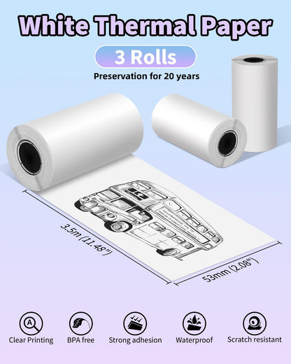 Phomemo White Self Adhesive Thermal Paper for Phomemo T02 M02 M02S M02PRO M03 M03AS M04S M04AS Mini Printer for Smartphones, Durability 20 Years, 50mm x 3.5m, 3 Rolls