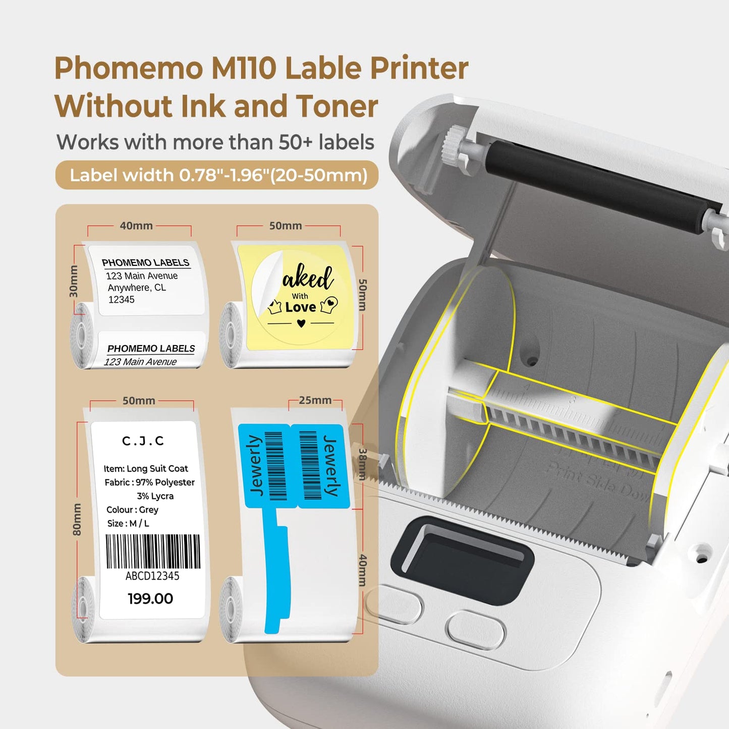 Phomemo -M110 Label Printer Portable Mini Bluetooth Thermal Label Manufacturer for Labelling, Office, Cable, Retail, Barcode and More, Compatible with Android and iOS Systems - White