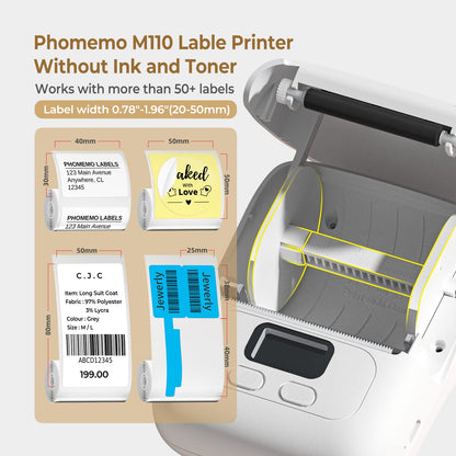 Phomemo -M110 Label Printer Portable Mini Bluetooth Thermal Label Manufacturer for Labelling, Office, Cable, Retail, Barcode and More, Compatible with Android and iOS Systems - White