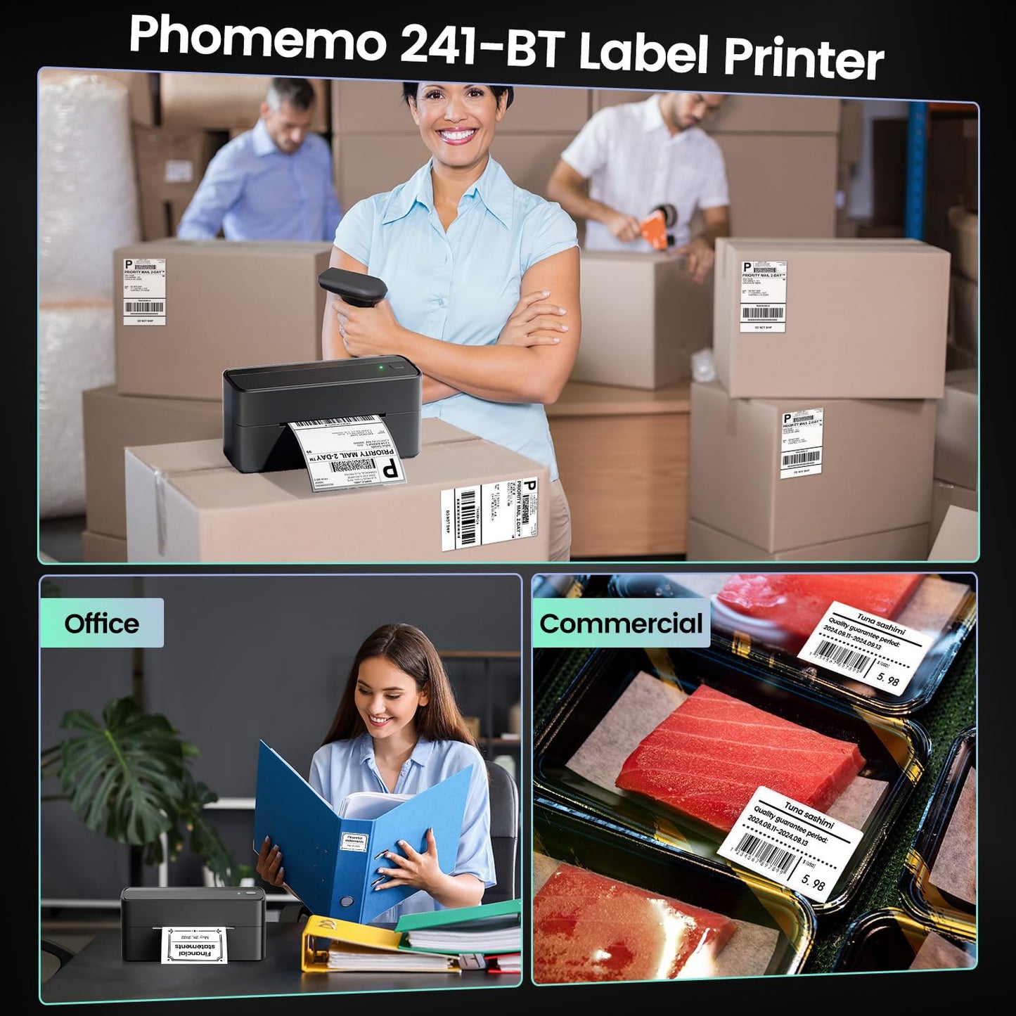Phomemo 241BT Imprimante d'étiquettes Bluetooth Imprimante Thermique 4x6, DHL Imprimante d'étiquettes Autocollante Bluetooth lmprimante Thermique pour Codes-Barres, Amazon, UPS, DHL, Shopify, Ebay