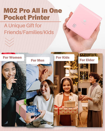 Phomemo Sticker Printer- M02 Pro 300dpi Mini Printer Pocket Phone Printer Mini Photo Printer Thermal Printer for Study Notes, Organization, Art Creation, Gift, Pink