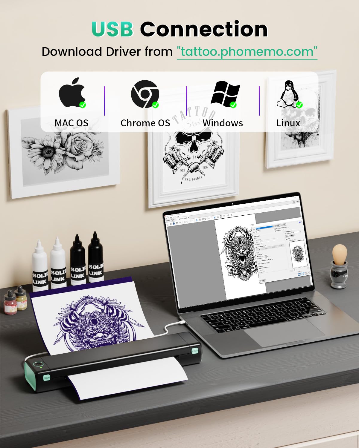 Bluetooth Tattoo Stencil Printer, Phomemo M08F Wireless Tattoo Stencil Printer for Tattooing, Thermal Printer Tattoo Kit with 10PCS Transfer Paper, Compatible with Smartphone Tablet PC