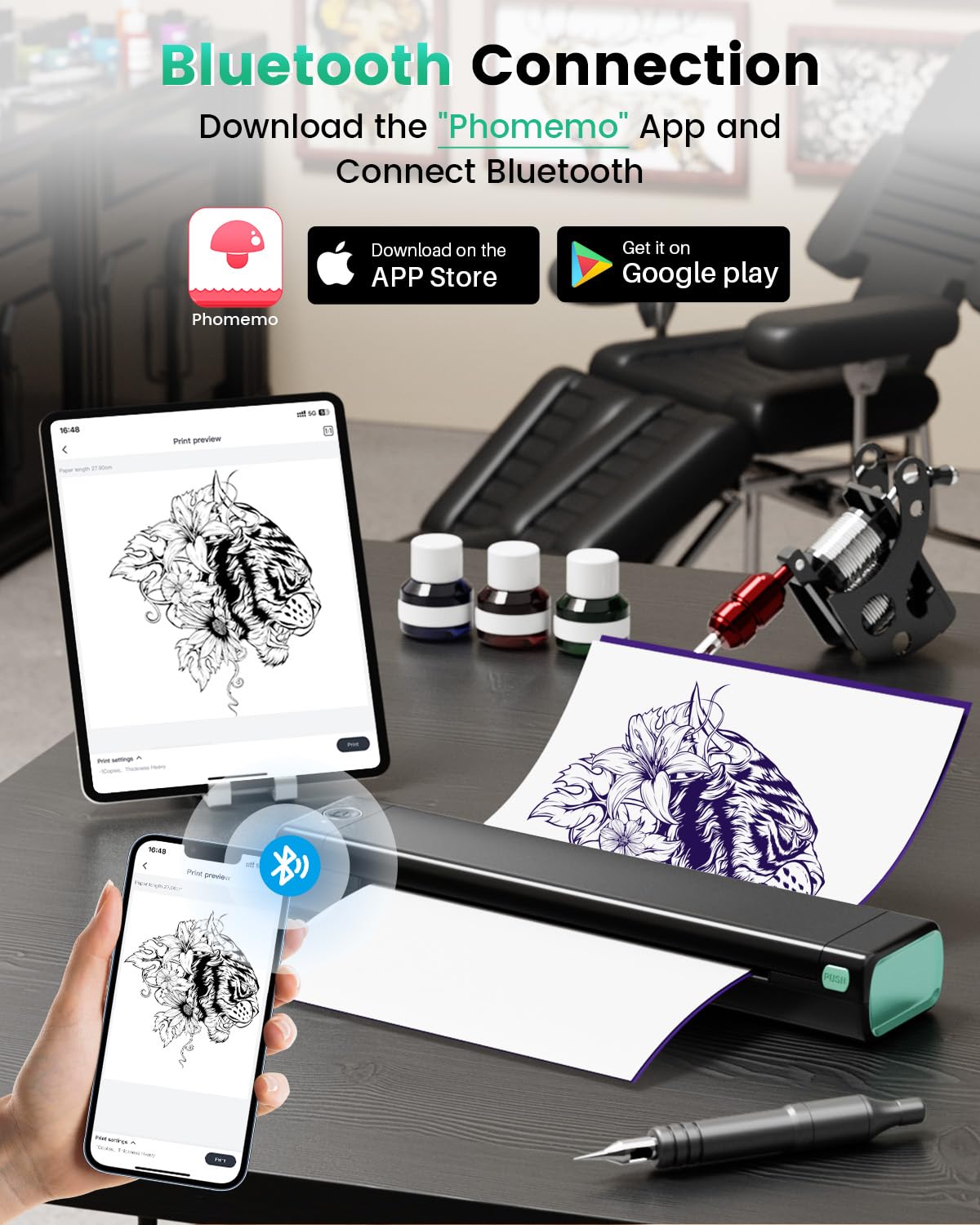Bluetooth Tattoo Stencil Printer, Phomemo M08F Wireless Tattoo Stencil Printer for Tattooing, Thermal Printer Tattoo Kit with 10PCS Transfer Paper, Compatible with Smartphone Tablet PC