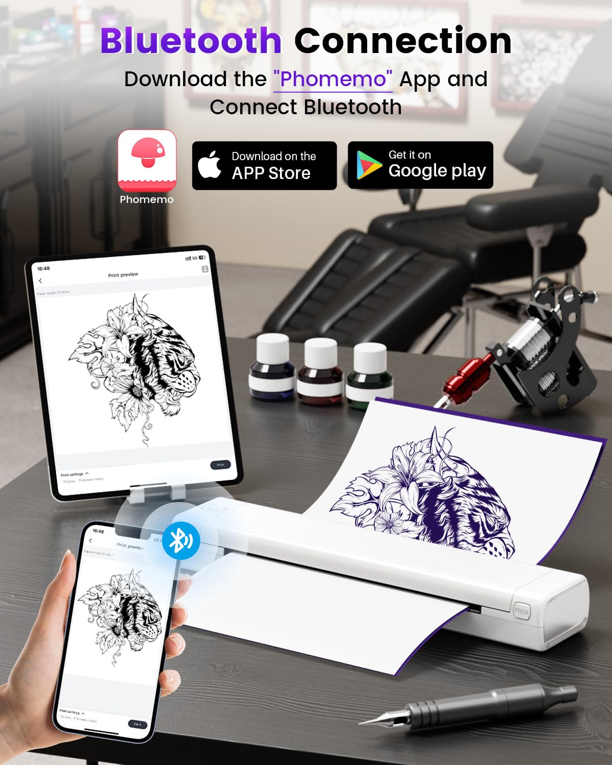 Phomemo White Tattoo Stencil Printer, M08F Bluetooth Stencil Printer for Tattooing, Tattoo Transfer Printer Kit with 10PCS Transfer Paper, Wireless Tattoo Machine for Tattoo Artists & Beginners