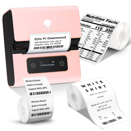 Phomemo New M221 Label Printer, Flagship 3'' Bluetooth Thermal Portable Label Maker - for Address, Barcode, Small Business, Office, Home for Phone, PC/Mac, with 3pack Most Used Labels, Baby Pink
