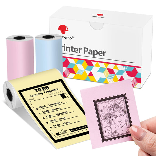 Phomemo T02/M02X/M02L Color Paper - 3 Rolls of Non-Sticky Thermal Color Printer Paper, 53mm x 6.5m, 5 Years Preservation, Black Texts on Blue/Pink/Yellow Paper for Phomemo T02/M02X/M02L Pocket Printer