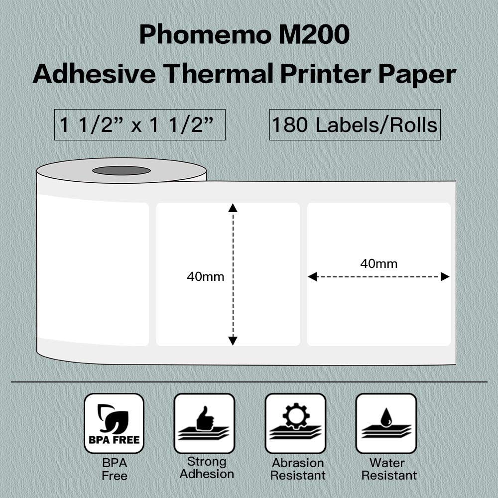 Phomemo Thermal Label,selbstklebendes quadratisches Etikett,40mm*40mm, kompatibel mit dem Etikettendrucker Phommeo M200/M110,geeignet f¨¹r B¨¹ro,Haushalt,Schule.180 Etiketten/Rolle(wei?es Etikett)