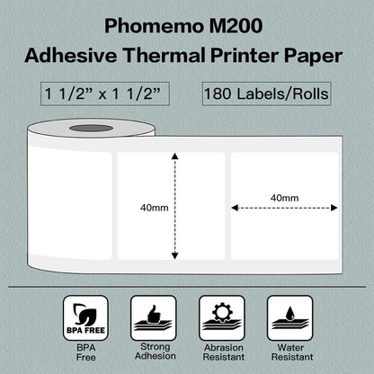 Phomemo Thermal Label,selbstklebendes quadratisches Etikett,40mm*40mm, kompatibel mit dem Etikettendrucker Phommeo M200/M110,geeignet f¨¹r B¨¹ro,Haushalt,Schule.180 Etiketten/Rolle(wei?es Etikett)