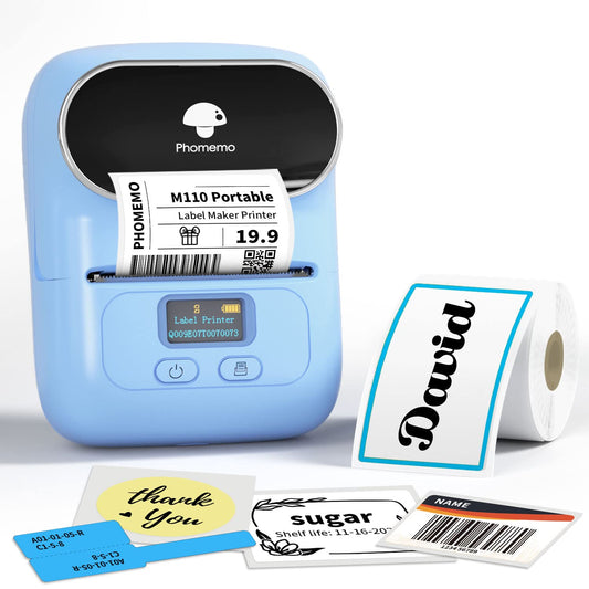 Label Maker Machine with Tape, Label Maker Phomemo M110, Bluetooth Label Printer for Small Business with Multiple Fonts Icons, Inkless Label Maker Small Printer for Office, with 1 Roll 40x30mm Label