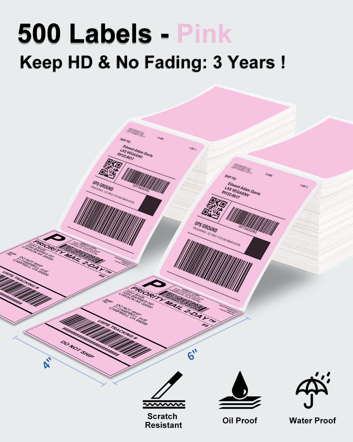 Phomemo 4x6 Thermal Label Printer Paper - 500 PCS Pink 4''x6'' Fan-Fold Label Shipping Supplies Labels - Water/Oilproof Label Stickers - Permanent Adhesive Thermal 4x6 Labels for Small Business Supplies
