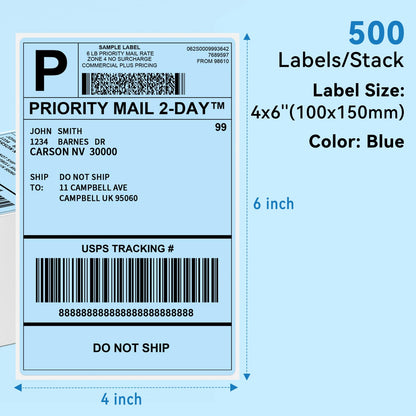 Phomemo 4x6‘' 500 Étiquettes/pile, Bleu Étiquettes d'expédition Compatibles avec les imprimantes d'étiquettes MUNBYN, Phomemo, Étiquettes thermiques sans BPA Autocollantes pour-100 x 150mm