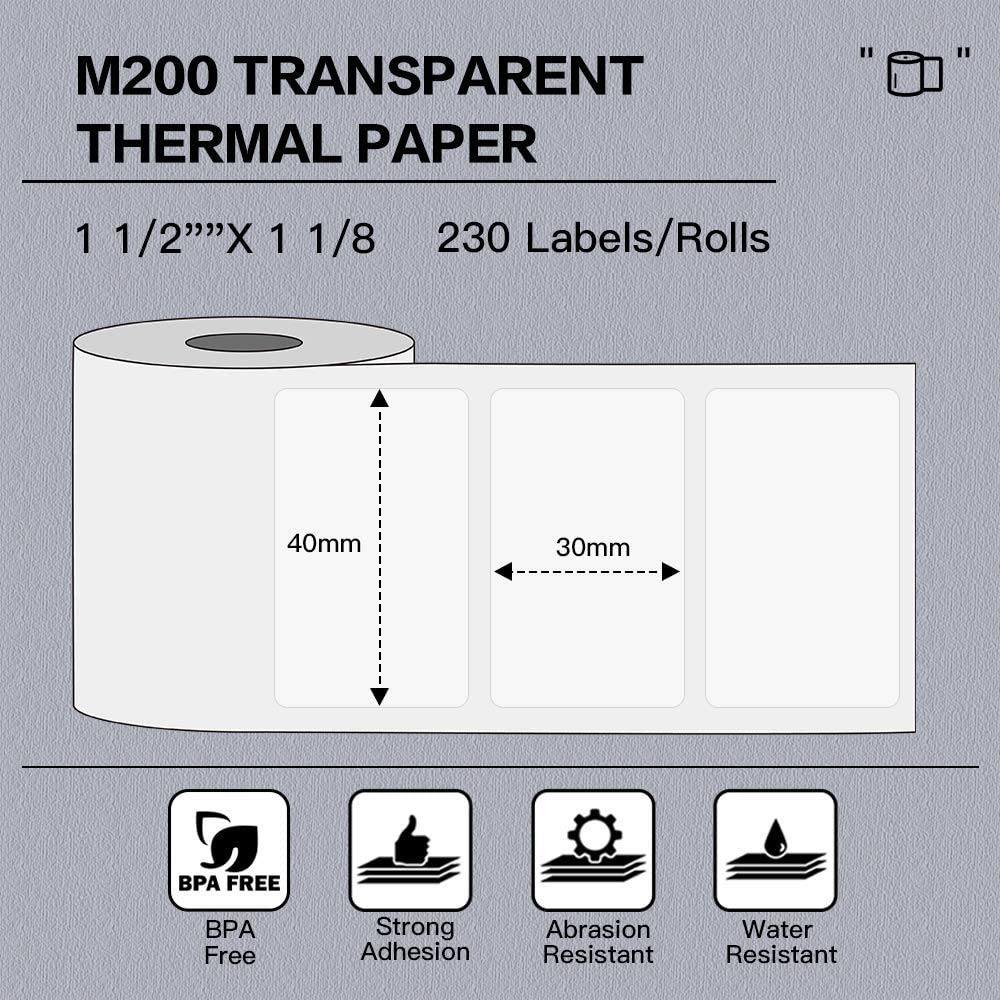 Phomemo Transparentes Thermoetikett, selbstklebendes transparentes Etikett, 40 mm * 30 mm, kompatibel mit Phommeo M200 Etikettendrucker, 230 Etiketten/Rolle (transparentes Etikett)