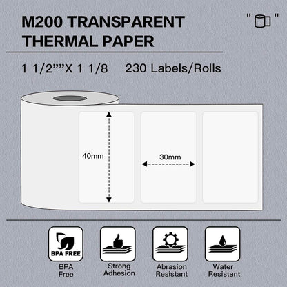 Phomemo Transparentes Thermoetikett, selbstklebendes transparentes Etikett, 40 mm * 30 mm, kompatibel mit Phommeo M200 Etikettendrucker, 230 Etiketten/Rolle (transparentes Etikett)