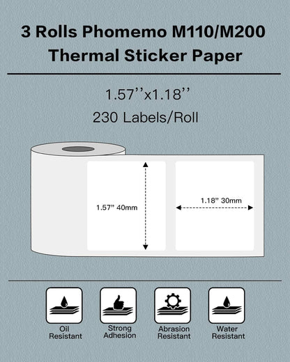 Phomemo 3 Rolls M110/M221/M220/M120/M200/M110S Thermal Paper 1.57''x1.18''(40x30mm)- Multi-Purpose Square Self-Adhesive Label, 230 Labels/Roll, Black on White
