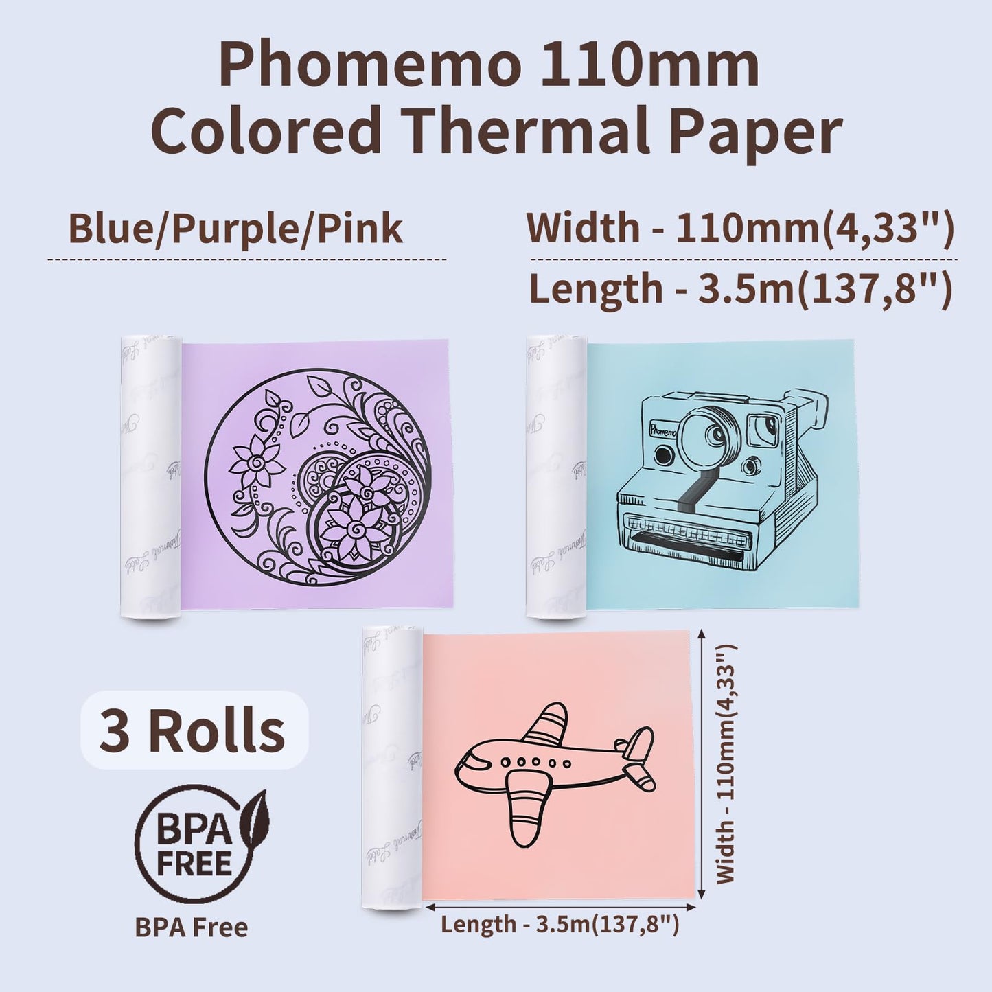 Phomemo 110 mm Farbdruckerpapier für M04S/M04AS Mini Taschendrucker, 3 Rollen selbstklebendes Thermo-Farbaufkleberpapier, 110 mm x 3,5 m, 20 Jahre Konservierung, Blau/Lila/Pink
