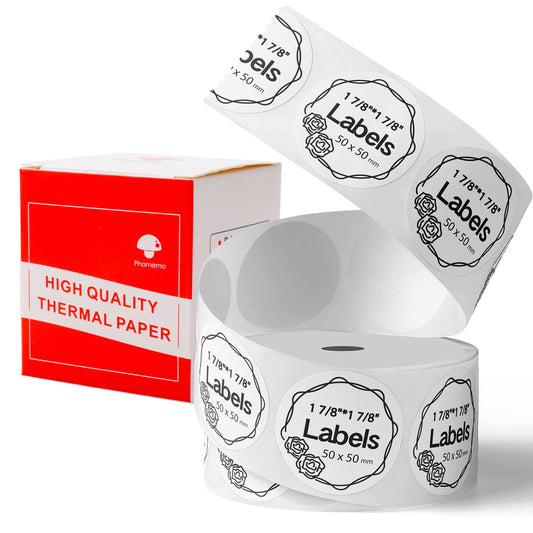 Multi-Purpose Self-Adhesive Round Label for Phomemo-M110/M200 Label Maker, 1.96'' x 1.96''£¨50x50 mm£©Thermal Label for Barcode Label, DIY Logo Design, Black on White