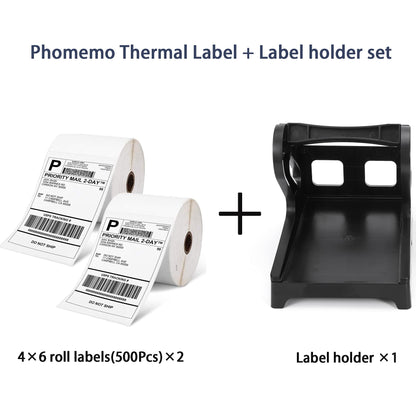 Phomemo Thermodirect-verzending, etiketten, thermische labelprinter, etiket- en labelhouder, compatibel met Rollo MUNBYN en alle 4 ¡Á 6 labelprinters (1000 stuks op rol en labelhouder)