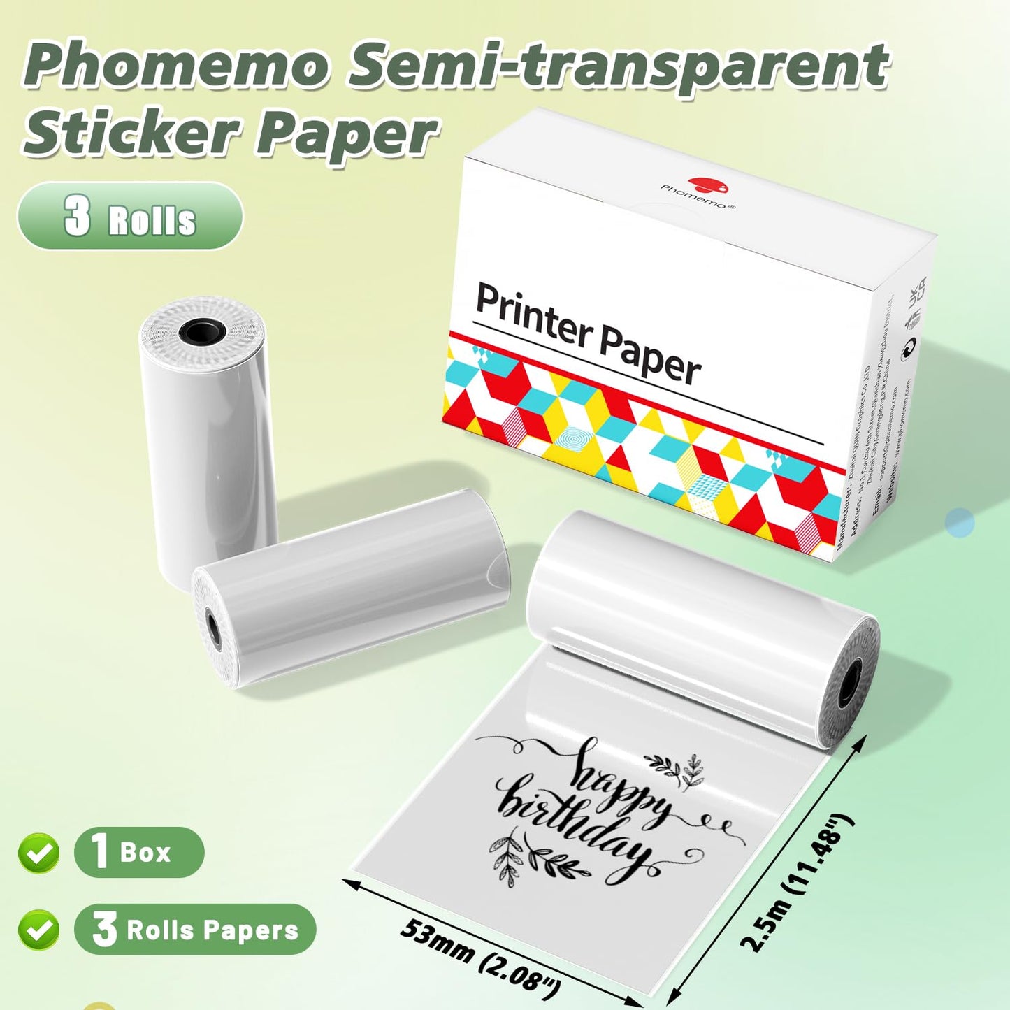 Phomemo Semi-Transparent Sticker Thermal Paper, Self-Adhesive for for Phomemo M02/M02 Pro/M02S/M03 Mini Pocket Printer,50mm x 2.5m, Diameter 30mm, 3 Rolls