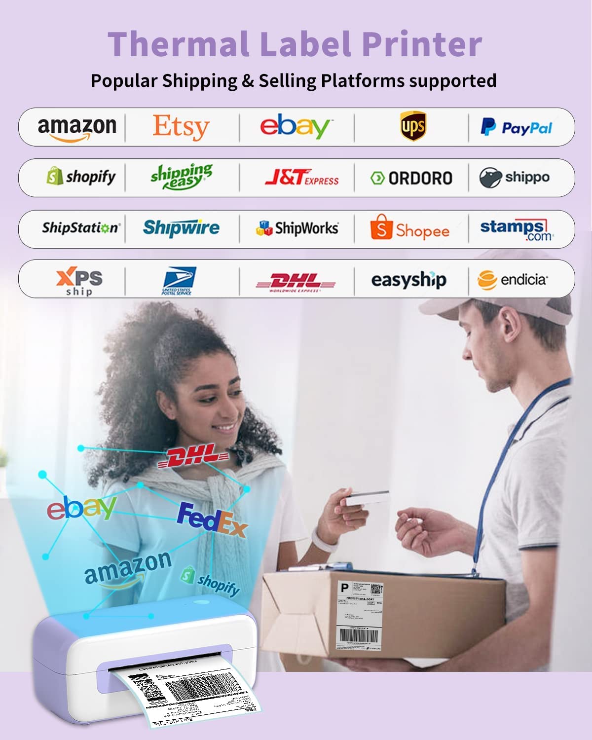 Phomemo PM246S Label Printer, DHL Thermal Printer for Mac/PC, Shipping Labels, Printer, Label Printer, Adhesive Label Printers for Amazon, Etsy, Shopify, Royal Mail, DHL, FedEx Purple