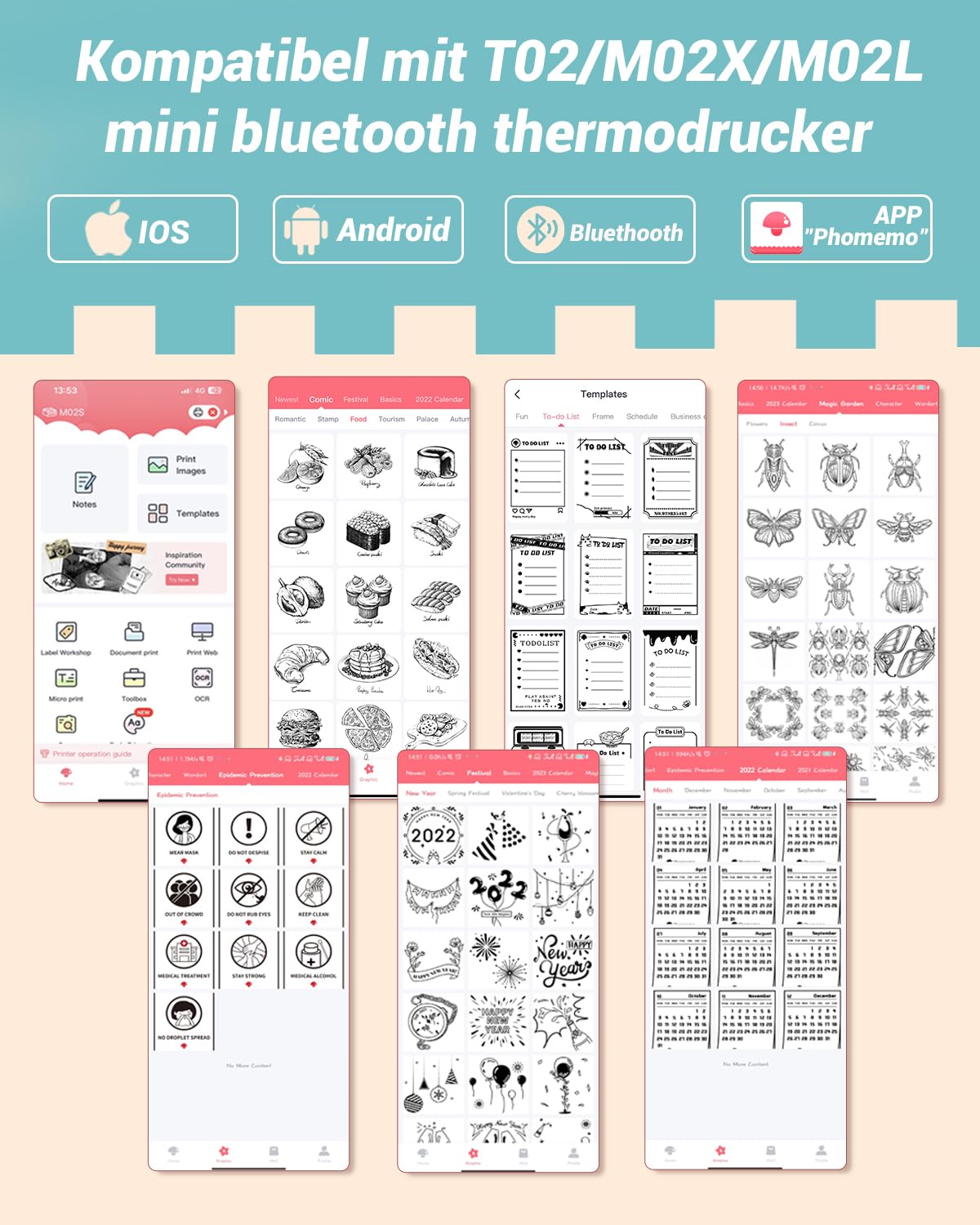 Papier für Sticker Drucker, Drucker Papier für Taschendrucker, Thermopapier für T02/Q02/M02X/M02L, 10 Jahre Klebrig Phomemo Papier, Schwarz auf Weiß Liene Fotodrucker Papier, 3 Rollen 50mm*3.5m