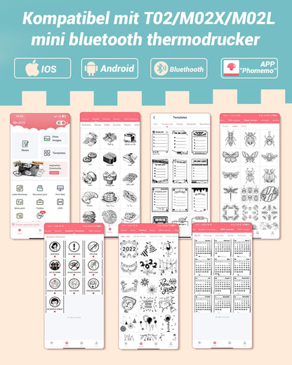 Papier für Sticker Drucker, Drucker Papier für Taschendrucker, Thermopapier für T02/Q02/M02X/M02L, 10 Jahre Klebrig Phomemo Papier, Schwarz auf Weiß Liene Fotodrucker Papier, 3 Rollen 50mm*3.5m