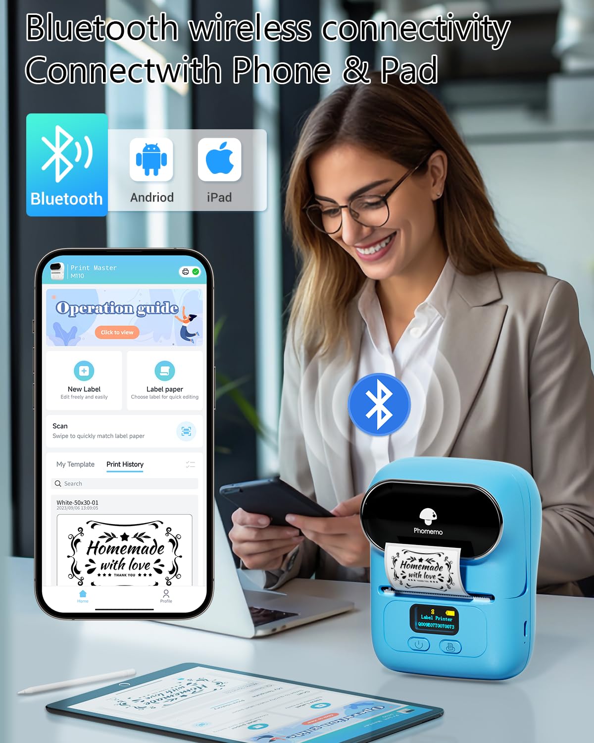 Imprimante d'¨¦tiquettes portable Phomemo M110, imprimante d'¨¦tiquettes thermique pour ¨¦tiqueteuse d'¨¦tiquettes adh¨¦sives Bluetooth, pour la vente au d¨¦tail, le commerce, le bureau - bleu