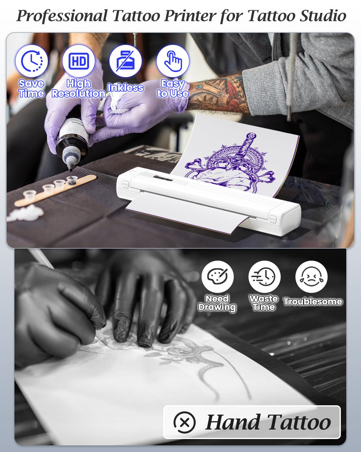 Phomemo TP83 Tattoo Stencil Printer, Upgraded Thermal Tattoo Printer Machine with 10pcs Transfer Paper, Wireless Bluetooth Tattoo Printer for Tattoo Artists & Beginners, Compatible with iPad Phone PC