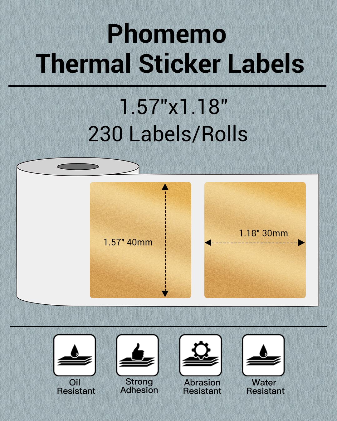 Phomemo Thermal Sticker Labels- 1.57''x1.18''(40x30mm) Thermal Label for M110/M221/M220/M120/M200, for Barcode/Address/Mailing/Logo/Business/Home Tag, Black on Golden