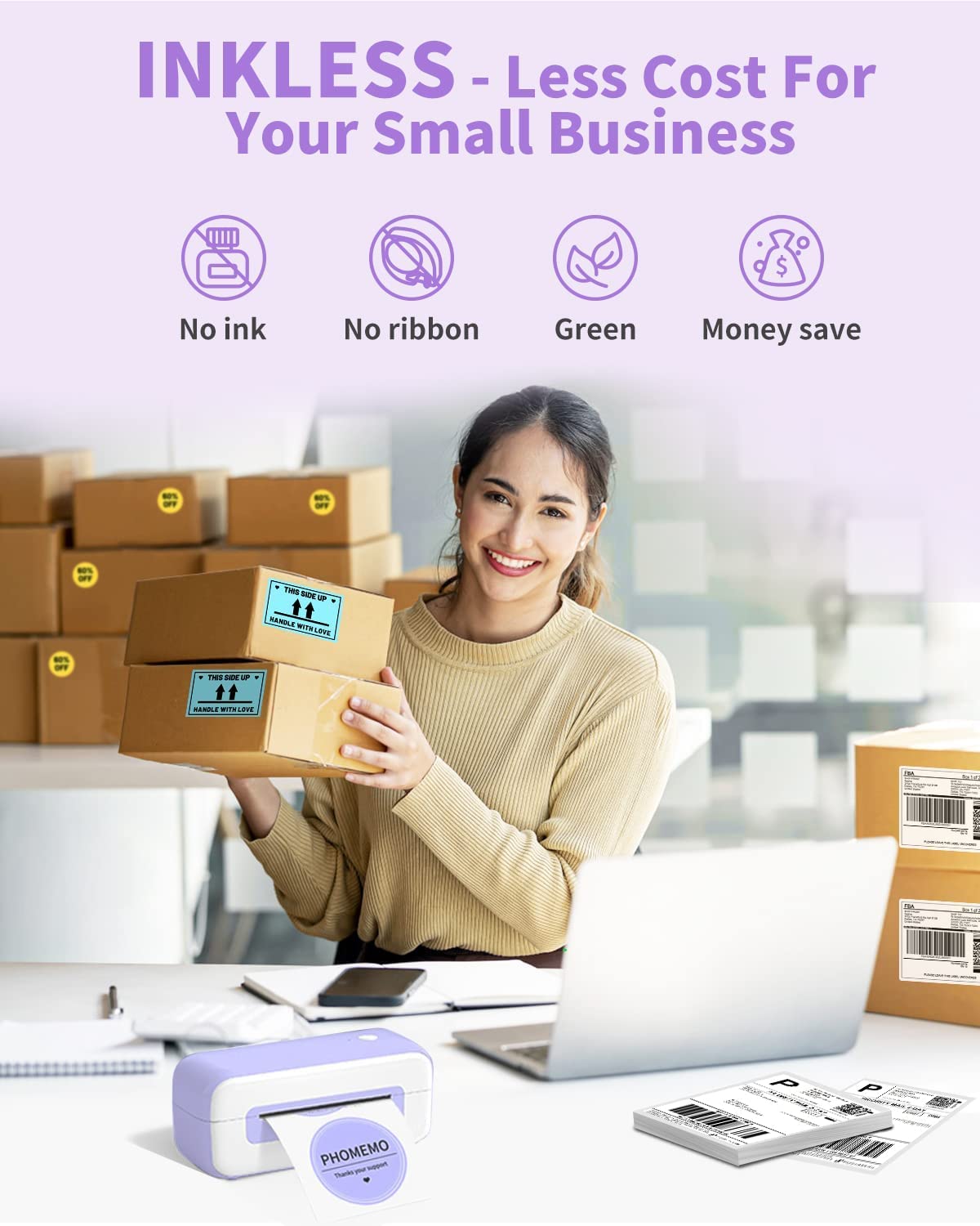 Phomemo PM246S Label Printer, DHL Thermal Printer for Mac/PC, Shipping Labels, Printer, Label Printer, Adhesive Label Printers for Amazon, Etsy, Shopify, Royal Mail, DHL, FedEx Purple