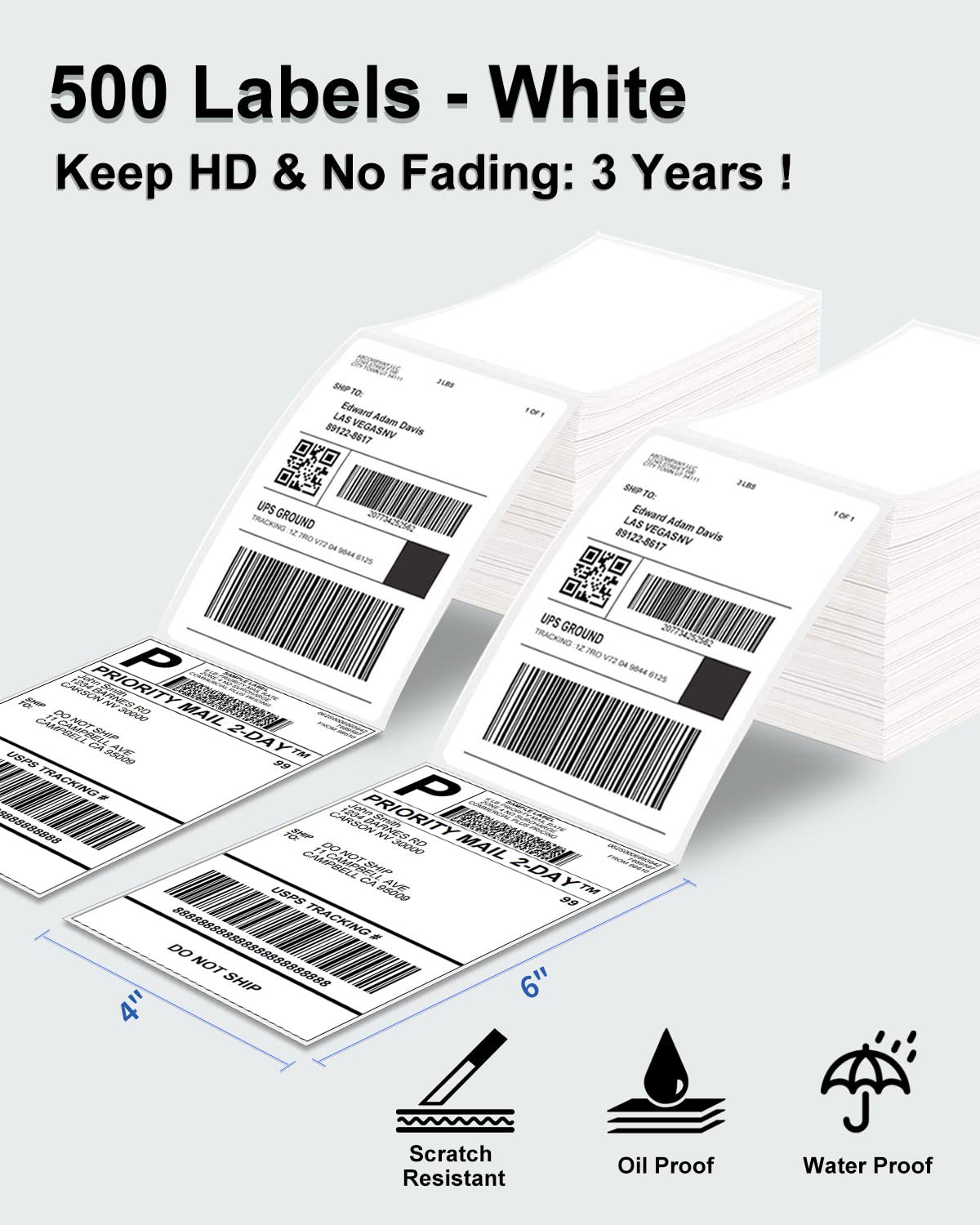 Phomemo 4x6 Thermal Label Printer Paper - 500 PCS White 4''x6'' Fan-Fold Labels Shipping Supplies Labels - Water/Oilproof Label Stickers - Permanent Adhesive Thermal Shipping Label for Shipping Packages