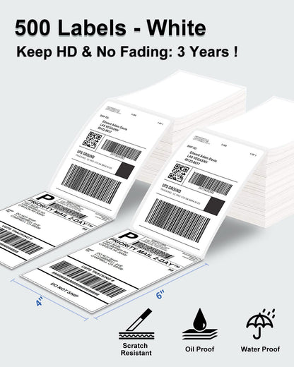 Phomemo 4x6 Thermal Label Printer Paper - 500 PCS White 4''x6'' Fan-Fold Labels Shipping Supplies Labels - Water/Oilproof Label Stickers - Permanent Adhesive Thermal Shipping Label for Shipping Packages