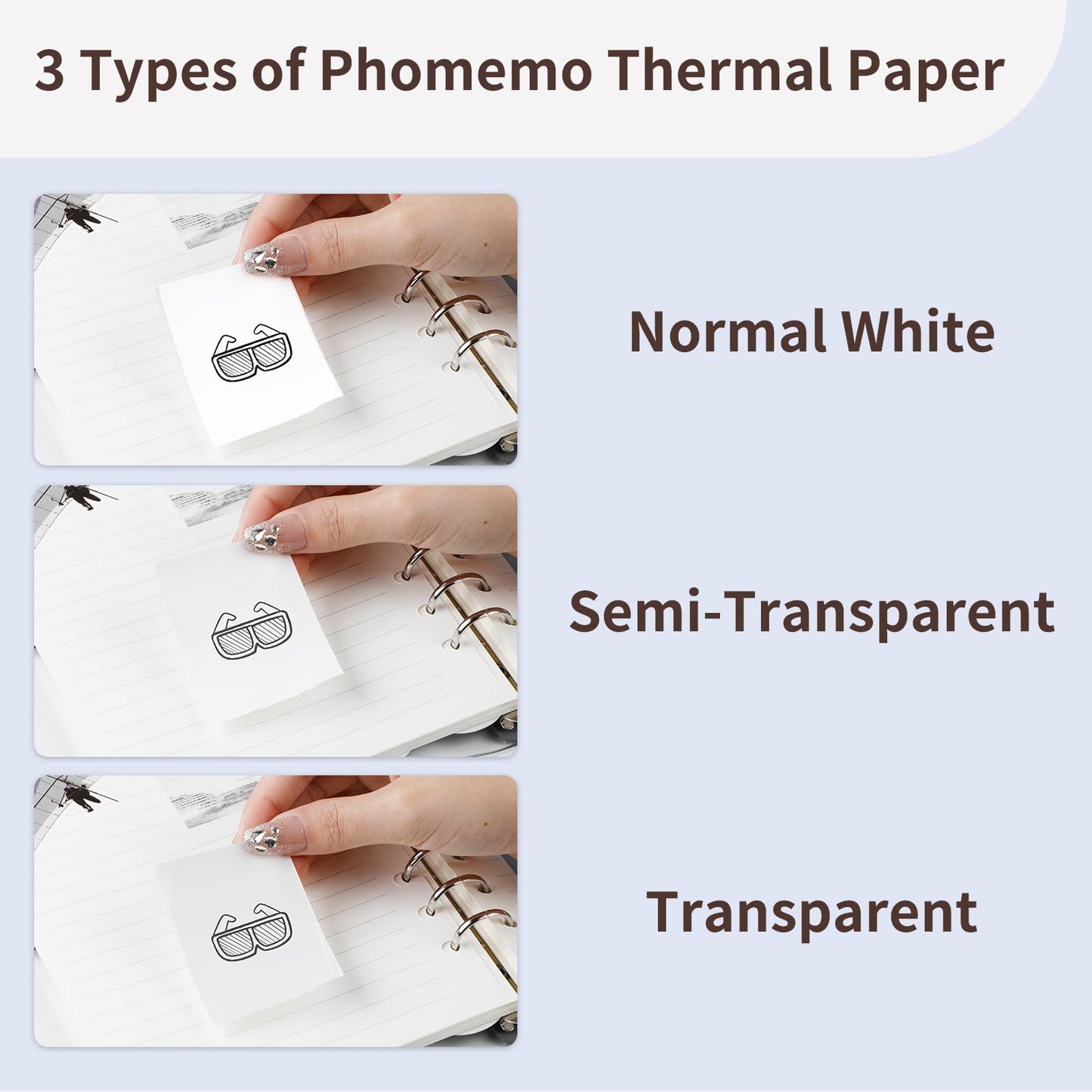 Papier thermique autocollant Phomemo pour mini imprimante thermique M02/M02S/M02Pro/M03/M03AS/M04S/M04AS, 53 mm x 3,5 m, papier imprimante blanc/transparent/semi-transparent, 3 rouleaux