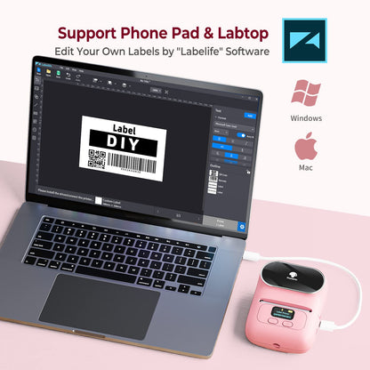 Phomemo -M110 Label Printer Portable Mini Bluetooth Thermal Label Manufacturer for Labelling, Office, Cable, Retail, Barcode and More, Compatible with Android and iOS Systems, Pink