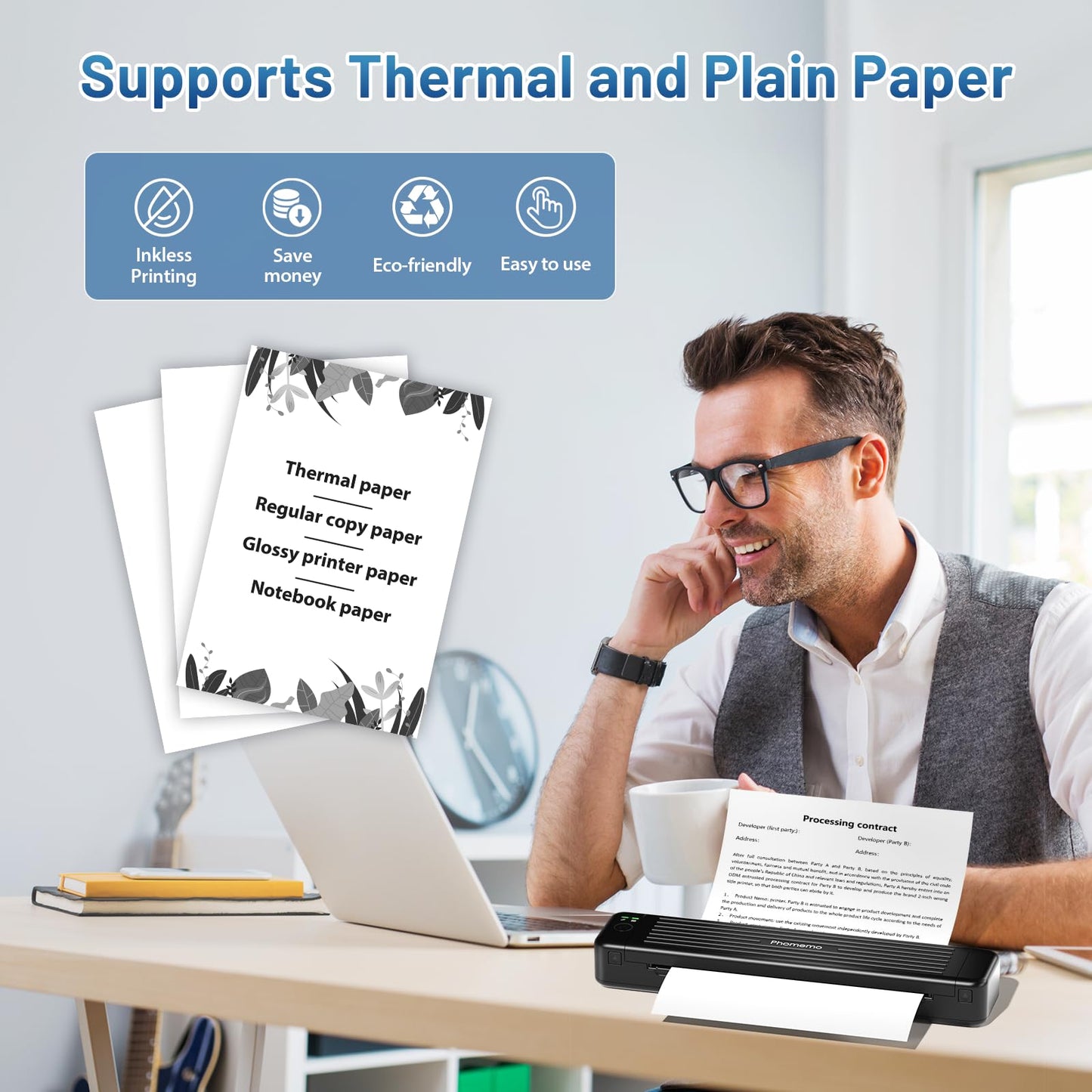 Phomemo Portable Printers Wireless for Travel, P831 Bluetooth Thermal Transfer Printer Support 8.5'' X 11'' US Letter/A4/A5/B5 Copy Paper, Mobile Inkless Printer Compatible with iOS, Android & Laptop