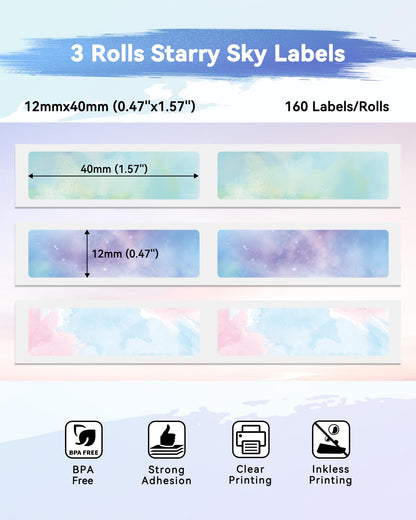 Phomemo D30 Etiketten, Sternenhimmel Etiketten Kompatibel mit Colorwing Q30 Etikettiergerät, Phomemo Etikettendrucker D30 Q31 Q30S, 12mm x 40mm, 160 Etiketten/pro Rolle, 3 Rollen