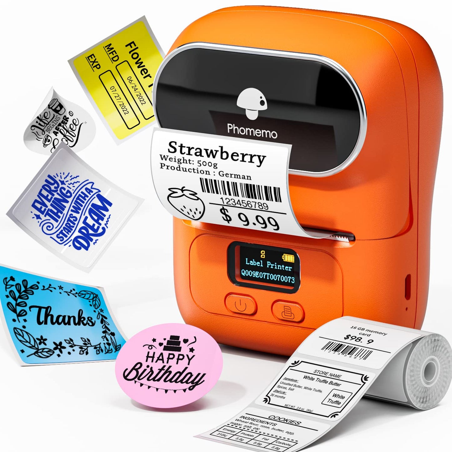 Phomemo - M110 Label Printer - Wireless Bluetooth Thermal Label Machine for Clothing, Jewelry, Retail, Home, Portable Barcode Labeling Machine Compatible with Android and iOS Phone, Orange