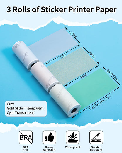 Phomemo Papier f¨¹r Phomemo T02,M02,M02S,M02PRO,M03,M03AS,M04S,M04AS Minidrucker, Metallgrau Durchscheinend/Gelb Transparent/Gold Glitter Transparentes Papier, 53mm x 3,5mm, 3 Rollen