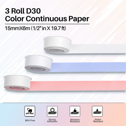 Phomemo Adhesive Thermal Paper, Color Continuous Paper, 15mm X 6m (1/2 in X 20 Ft) for Phomemo D30 Cute Label Maker-White, Purple, Pink